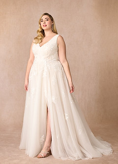 Azazie Joie Wedding Dresses A-Line V-Neck Sequins Tulle Chapel Train Dress image6