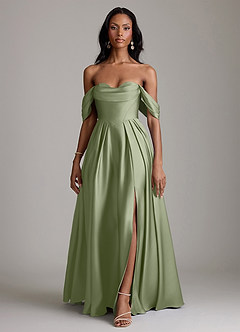 Azazie Loisa Vestidos de madrinha de casamento Vestido Pistache de Cetim elástico de Linha A com Ombros Caídos image7