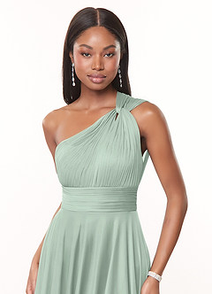 Azazie Charlize Bridesmaid Dresses Agave A-Line One Shoulder Mesh Dress image5
