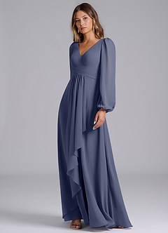 Azazie Liah Robes de demoiselle d'honneur Robe Trapèze en Mousseline de soie Manches longues Bleu Orageux image4