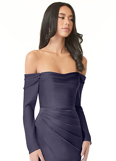 Azazie Hallie Bridesmaid Dresses Stormy Sheath Off-The-Shoulder Long Sleeve Stretch Satin Convertible Dress image1