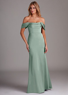 Azazie Saige Bridesmaid Dresses Agave Sheath Off the Shoulder Stretch Satin Dress image4