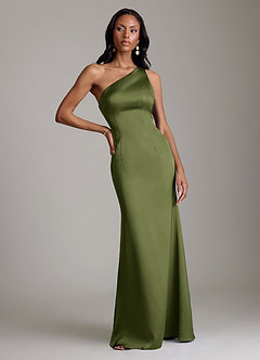 Azazie Voni Bridesmaid Dresses Olive Mermaid One Shoulder Stretch Satin Dress image5