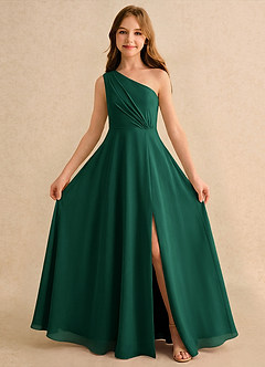 Azazie Puddles Girls Formal Robe Demoiselle D'honneur Fillette Robe Trapèze en Mousseline de soie Une épaule émeraude image5