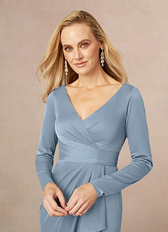 Azazie Risa Mother of the Bride Dresses Dusty Blue Mermaid V-Neck Pleated Mesh Dress image4