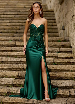 green colored prom dresses Dark Green Long sleeves Floor length Mermaid Prom Dress with Detachable Train