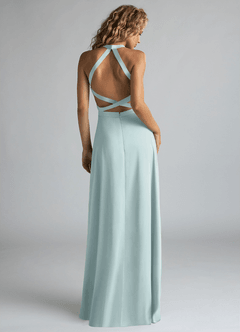 Azazie Clarice Bridesmaid Dresses Mist A-Line High Neck Stretch Satin Dress image3