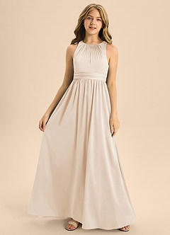 Azazie Jaylah Junior White Alabaster A-Line Pleated Stretch Satin Dress image4