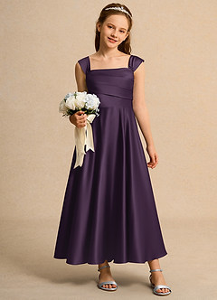 Azazie Bundle Girls Formal Flower Girl Dresses Plum A-Line Pleated Matte Satin Dress image3