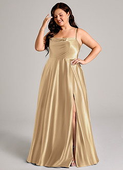 Azazie Elle Brautjungfernkleider A-Linie mit Taschen Metallischer Satin Kleid Champagner image4