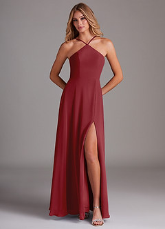 Azazie Bailey Bridesmaid Dresses Pomegranate A-Line Halter Side Slit Chiffon Dress image5