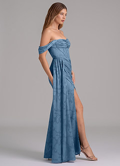 Azazie Amyra Jurken voor bruidsmeisjes Converteerbaar Jurk van Bloemen Burn-out met Zeemeermin Off the Shoulder Staal Blauw image5