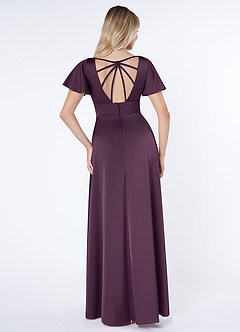 Azazie Lani Bridesmaid Dresses Plum A-Line Flounce Sleeve Stretch Satin Dress image2