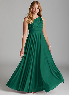 Azazie Charlize Junior Emerald A-Line Mesh Dress image3