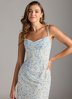 Azazie Mai Bridesmaid Dresses Blue And White Ditsy Floral Sheath Pleated Chiffon Dress image9