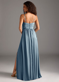 Azazie Alia Robes de demoiselle d'honneur Robe Trapèze en Satin extensible Plissée Bleu Poussiéreux image4