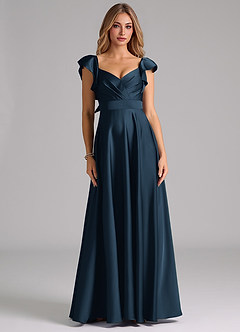 Azazie Leilani Vestidos de damas de honor Vestido Azul Marino Oscuro de Satén Elástico de Línea A con Drapeado image3