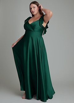 Azazie Leilani Robes de demoiselle d'honneur Robe Trapèze en Satin extensible Drapé émeraude image14