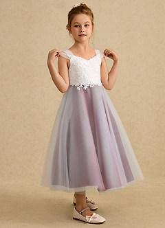 Azazie Momo Flower Girl Dresses Ivory Burgundy A-Line Lace Dress image5