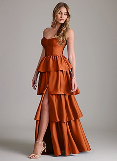 Azazie Faye Bridesmaid Dresses Burnt Orange A-Line Ruched Stretch Satin Dress image3