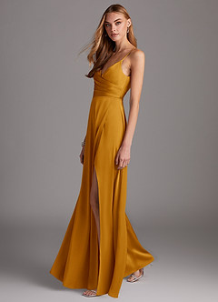 Azazie Calissa Brautjungfernkleider A-Linie V-Hals Gefaltet Stretch-Satin Kleid Butterscotch image4