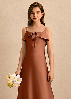 Azazie Kapri Girls Formal Sukienki dla dziewczynek sypiących kwiaty Linia A Marszczony Satyna elastyczna Długość podłogi Sukienka image5