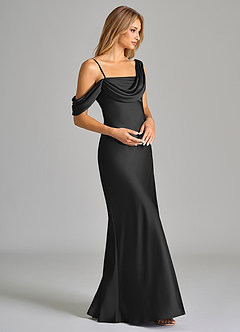 Azazie Celina Bridesmaid Dresses Black Sheath Off the Shoulder Stretch Satin Dress image6