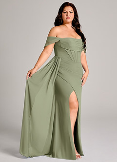 Azazie Amyra Bridesmaid Dresses Pistachio Sheath Off the Shoulder Chiffon Convertible Dress image12