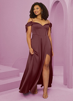 Barbie ♥ Azazie Bridesmaid Dresses Sangria A-Line Off the Shoulder Stretch Satin Dress image10