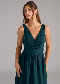 Azazie Kora Bridesmaid Dresses Pine A-Line Pleated Stretch Satin Dress image7