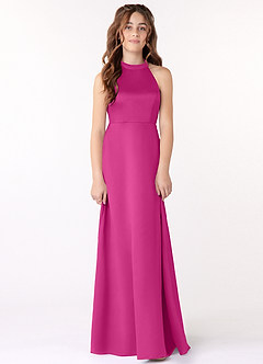 Azazie Laurel Junior Fuchsia A-Line Stretch Satin Dress image1