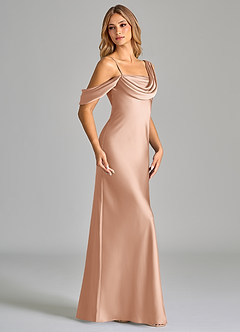 Azazie Celina Bridesmaid Dresses Rose Gold Sheath Off the Shoulder Stretch Satin Dress image4