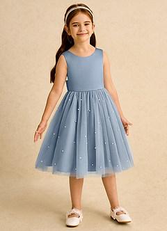 Azazie Bell Jurken voor bloemenmeisjes Baljurk Jurk van Tule Boog Stoffig Blauw image4