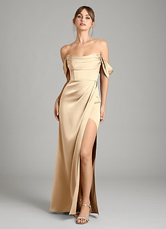 Azazie Johana Bridesmaid Dresses Champagne Mermaid Off the Shoulder Stretch Satin Convertible Dress image6