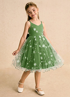 Azazie Junebug Blumenmädchenkleider Ballkleid Spaghetti Riemen Tüll Kleid Basilikum image2