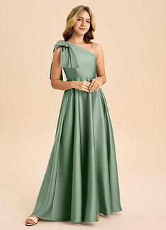 Azazie Penguin Junior Matcha A-Line Bow Stretch Satin Dress image4