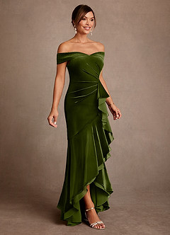 Azazie Billings 신부의 어머니 드레스 인어 오프 더 숄더 벨벳 비대칭 드레스 image4