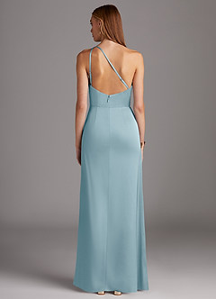 Azazie Mika Bridesmaid Dresses Moody Blue Sheath One Shoulder Stretch Satin Dress image2