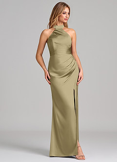 Azazie Karlotta Bridesmaid Dresses Moss Green Sheath Pleated Stretch Satin Dress image5