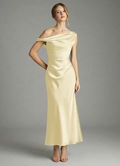 Azazie Emerson Bridesmaid Dresses Lemon Sorbet Mermaid Off the Shoulder Stretch Satin Dress image1