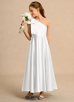 Azazie Guppy Girls Formal Flower Girl Dresses White A-Line One Shoulder Matte Satin Dress image4