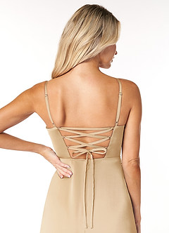 Azazie Marchella Bridesmaid Dresses Gold A-Line Corset Stretch Satin Dress image3