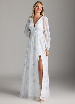 Azazie Norah Robes de demoiselle d'honneur Robe Trapèze en Mousseline de soie Col en V, manches longues Bleu Vintage Florale image3