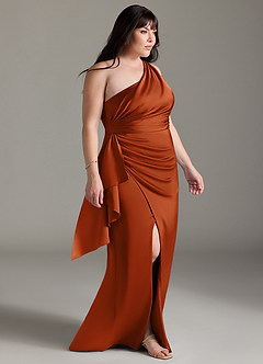 Azazie Maive Bridesmaid Dresses Burnt Orange Sheath Ruched Stretch Satin Dress image8