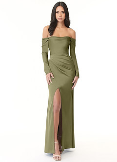 Azazie Hallie Vestidos de damas de honor Vestido de Pistacho de Satén Elástico de Corte Recto Convertible con Manga larga con hombros descubiertos image3