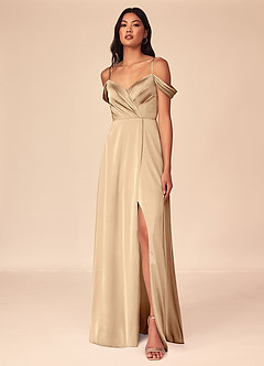Azazie Ocean Brudtärnklänningar Klänning av A-Line i Stretch Satin V-ringad plisserad Champagne image1