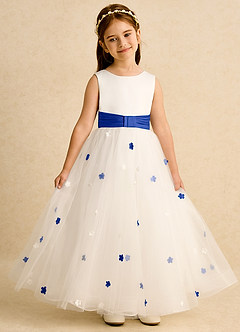 Azazie Cricket Flower Girl Dresses Ivory Royal Blue Ball-Gown Pleated Matte Satin Dress image4