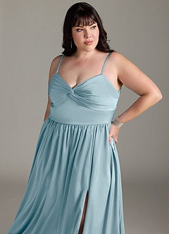 Azazie Zeya Robes de demoiselle d'honneur Robe Trapèze en Satin extensible Plissée Bleu Maussade image14