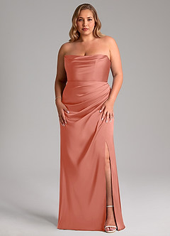 Azazie Leonis Robes de demoiselle d'honneur Robe Sirène Convertible en Satin extensible Plissée Rose Saumon image8