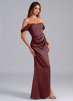 Azazie Asha Bridesmaid Dresses Sangria Sheath Off the Shoulder Stretch Satin Convertible Dress image3